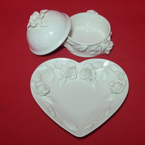 VTG Godinger Porcelain White Rose Dish & Trinket Box - Picture 6 of 14